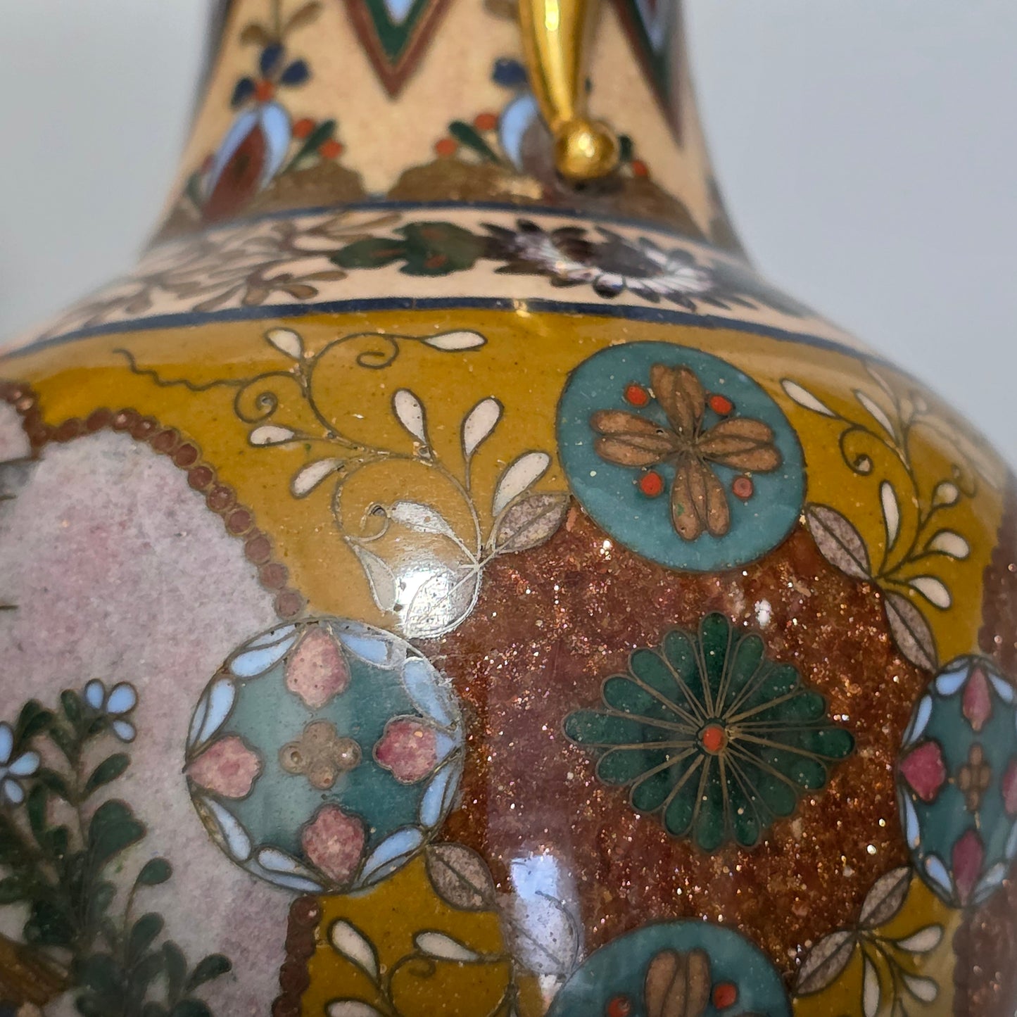 Attractive Late 19thc Pair Of Cloisonne Vases With Metal Mounts & Handles C1890