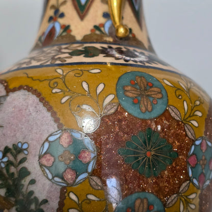 Attractive Late 19thc Pair Of Cloisonne Vases With Metal Mounts & Handles C1890