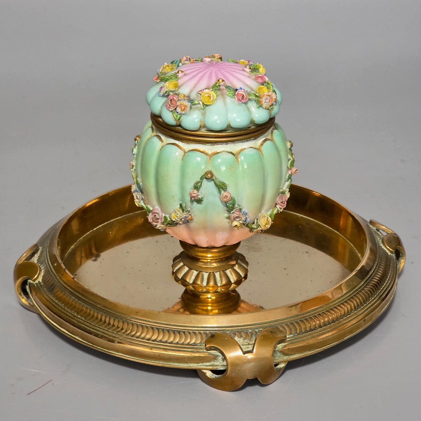 Beautiful Continental Porcelain Inkwell On Brass Base C1900
