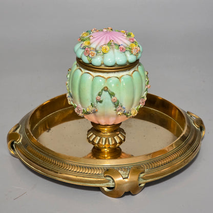 Beautiful Continental Porcelain Inkwell On Brass Base C1900