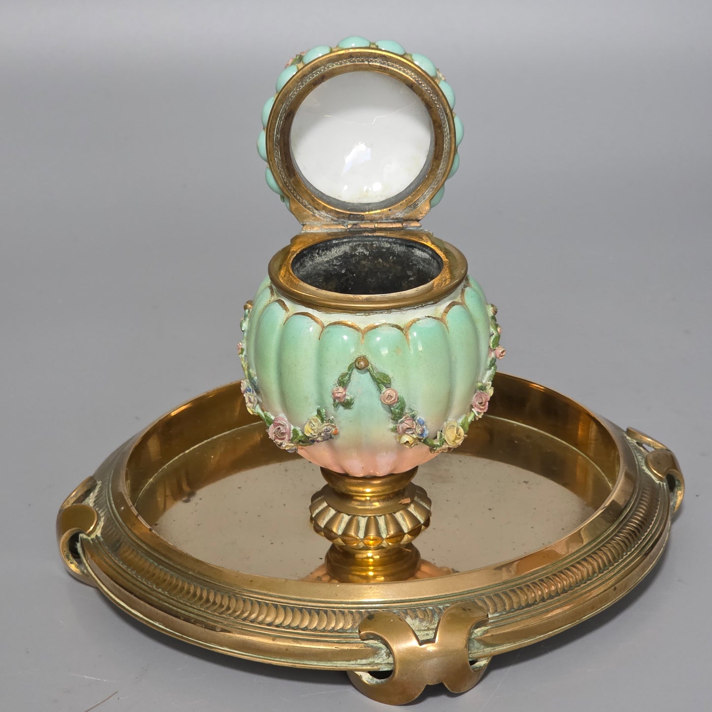 Beautiful Continental Porcelain Inkwell On Brass Base C1900