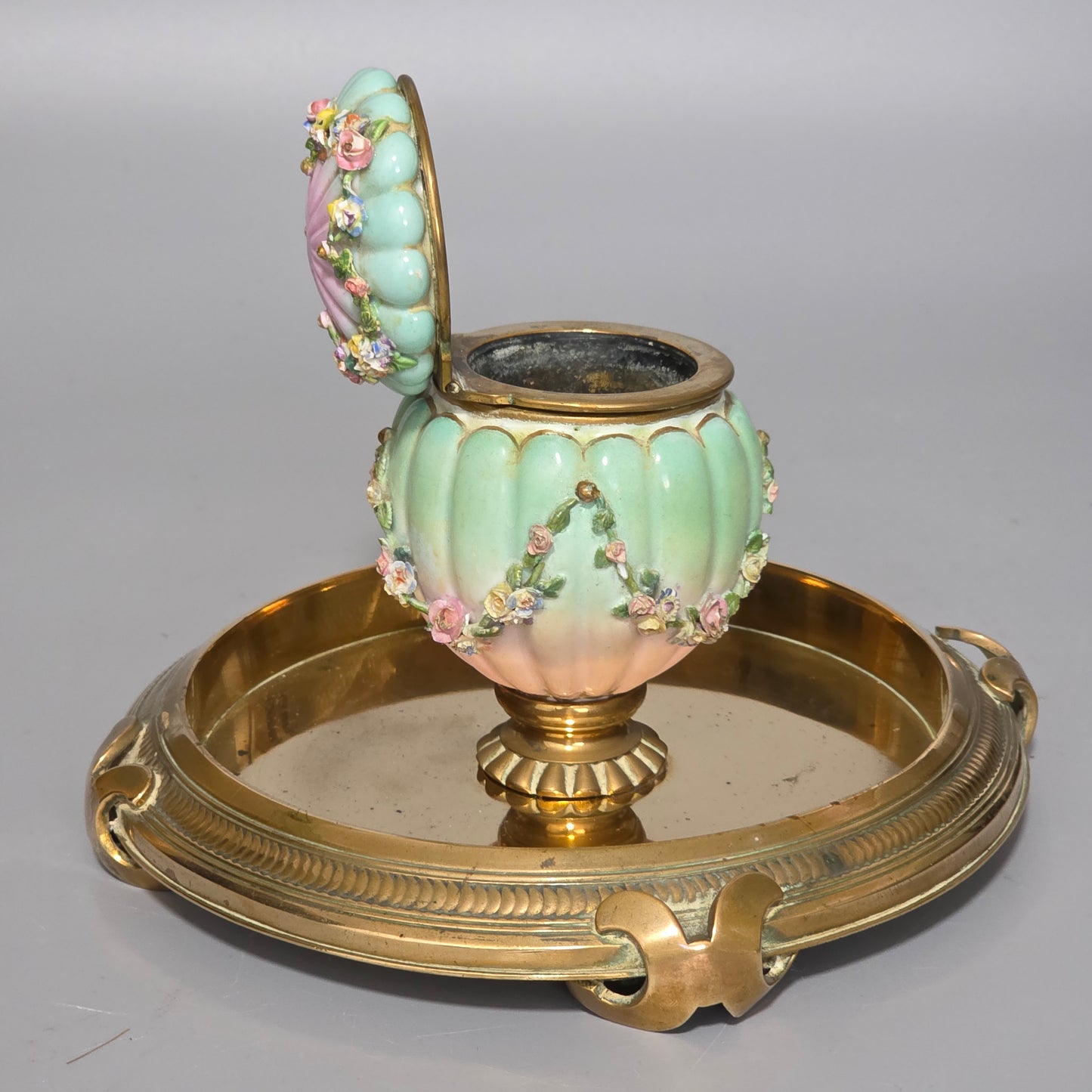 Beautiful Continental Porcelain Inkwell On Brass Base C1900