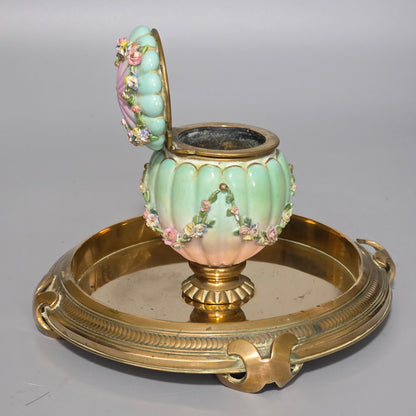 Beautiful Continental Porcelain Inkwell On Brass Base C1900