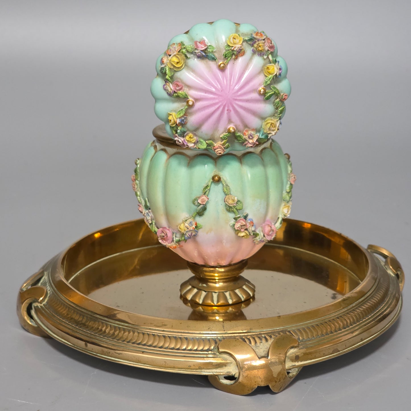 Beautiful Continental Porcelain Inkwell On Brass Base C1900