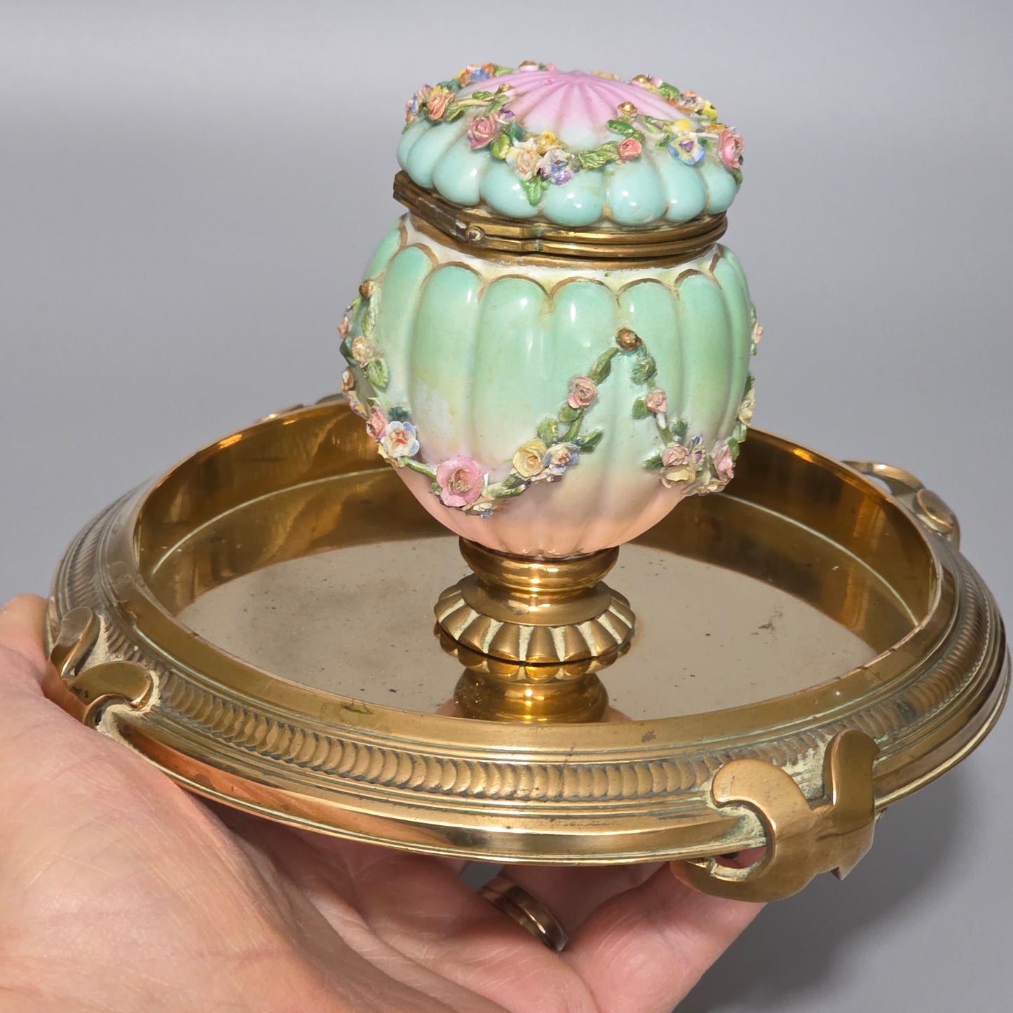 Beautiful Continental Porcelain Inkwell On Brass Base C1900