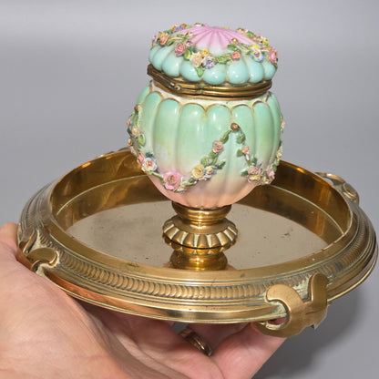 Beautiful Continental Porcelain Inkwell On Brass Base C1900