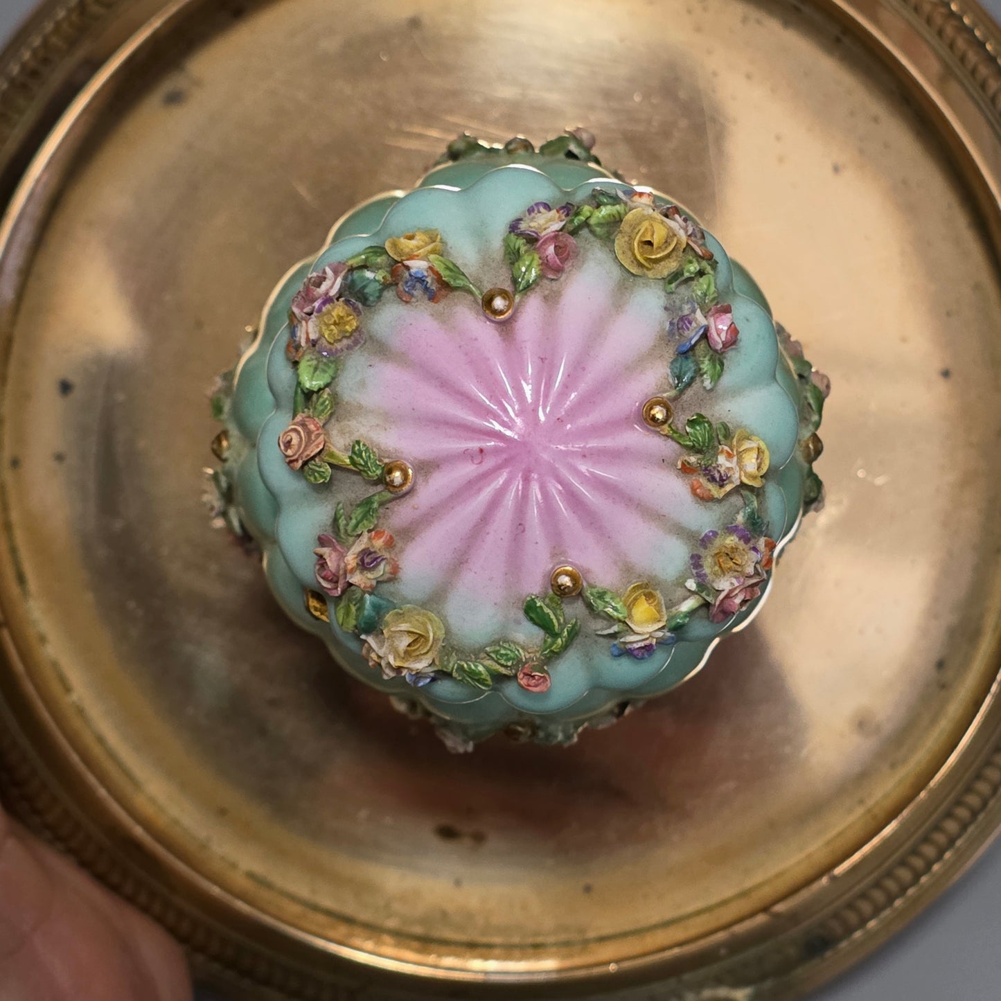 Beautiful Continental Porcelain Inkwell On Brass Base C1900