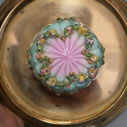 Beautiful Continental Porcelain Inkwell On Brass Base C1900