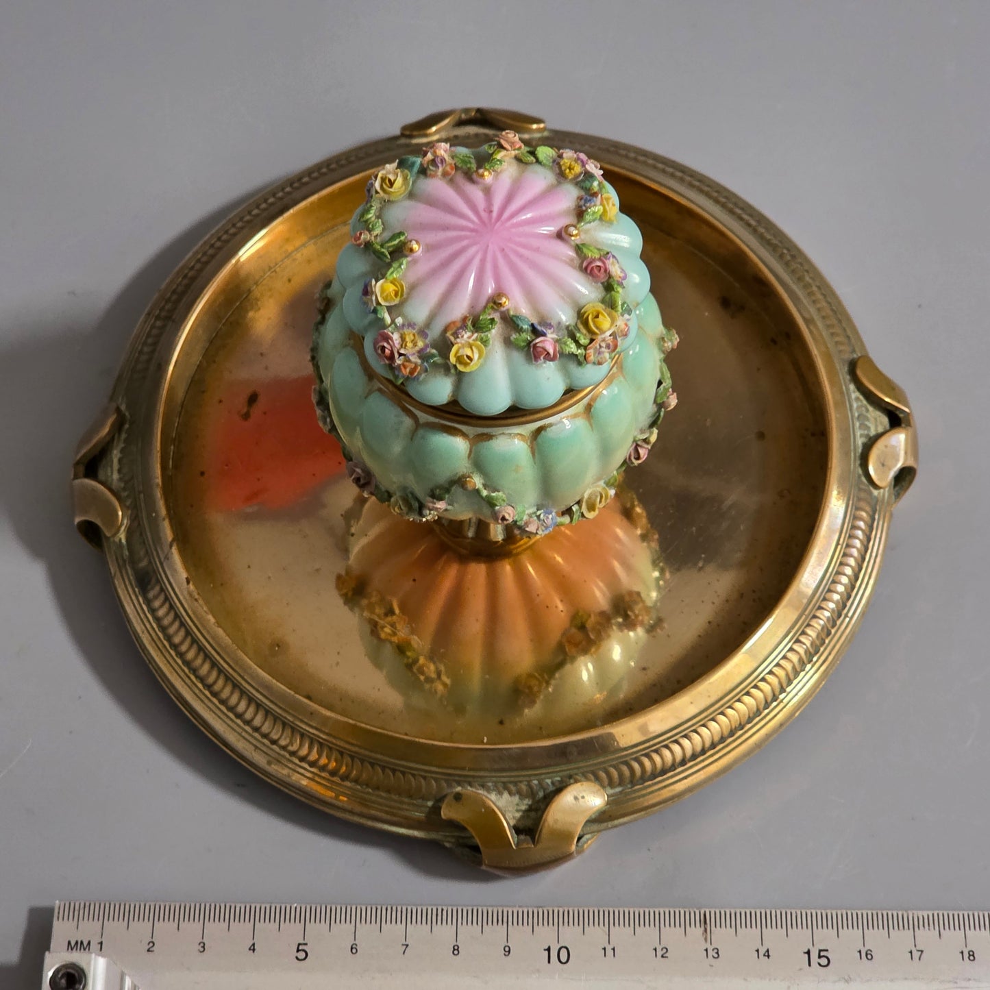 Beautiful Continental Porcelain Inkwell On Brass Base C1900