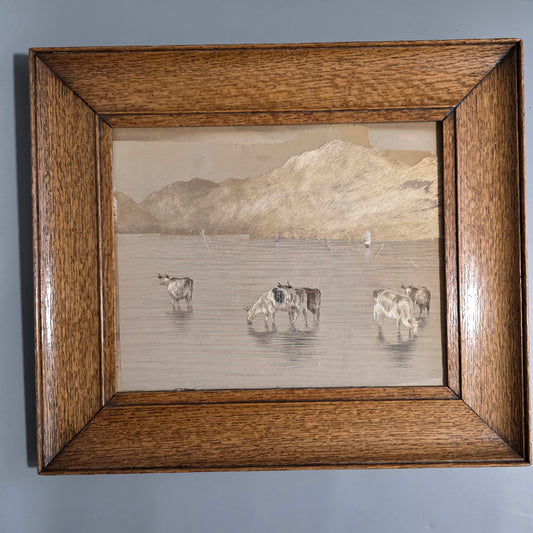 Fine Rare Chinese Silk Embroidered Cattle Scene, Framed C1890