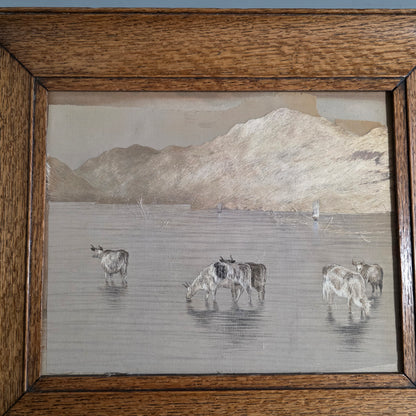 Fine Rare Chinese Silk Embroidered Cattle Scene, Framed C1890