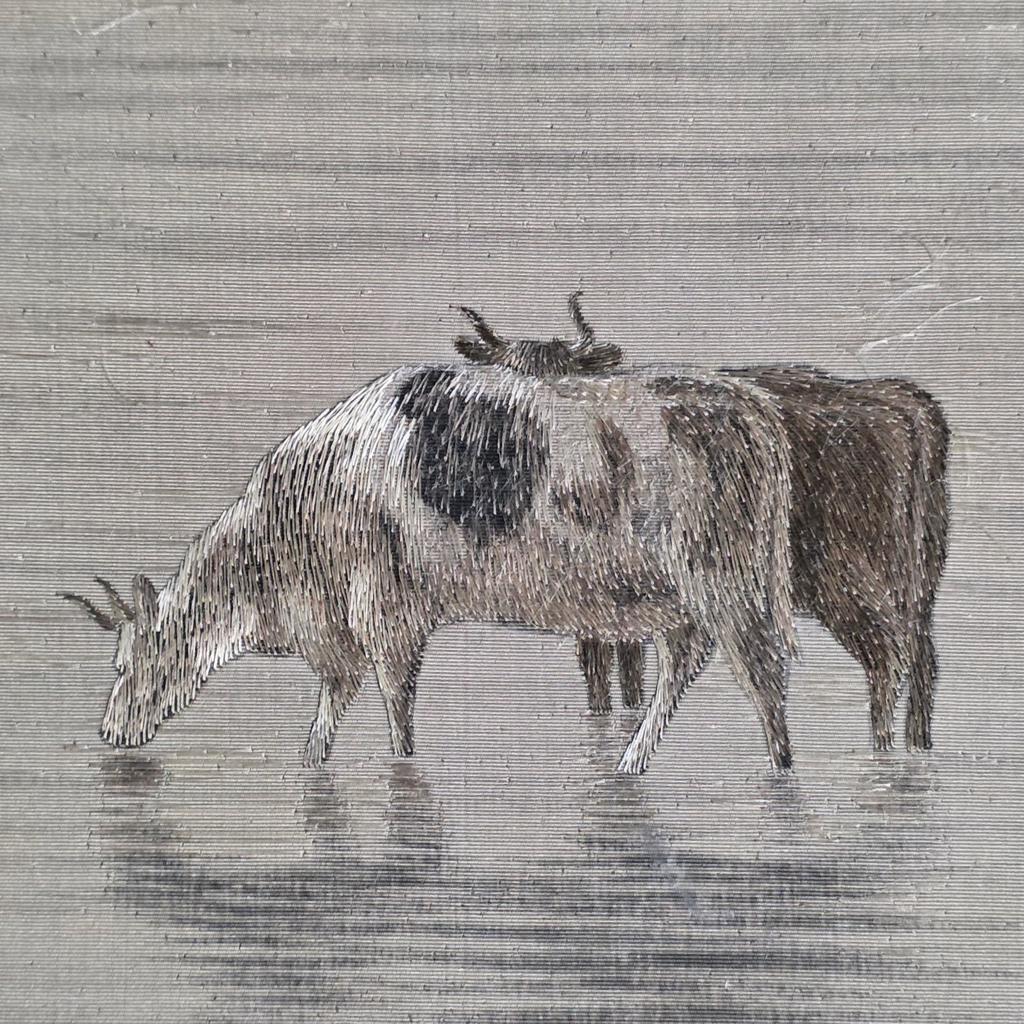 Fine Rare Chinese Silk Embroidered Cattle Scene, Framed C1890