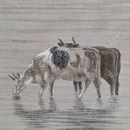 Fine Rare Chinese Silk Embroidered Cattle Scene, Framed C1890