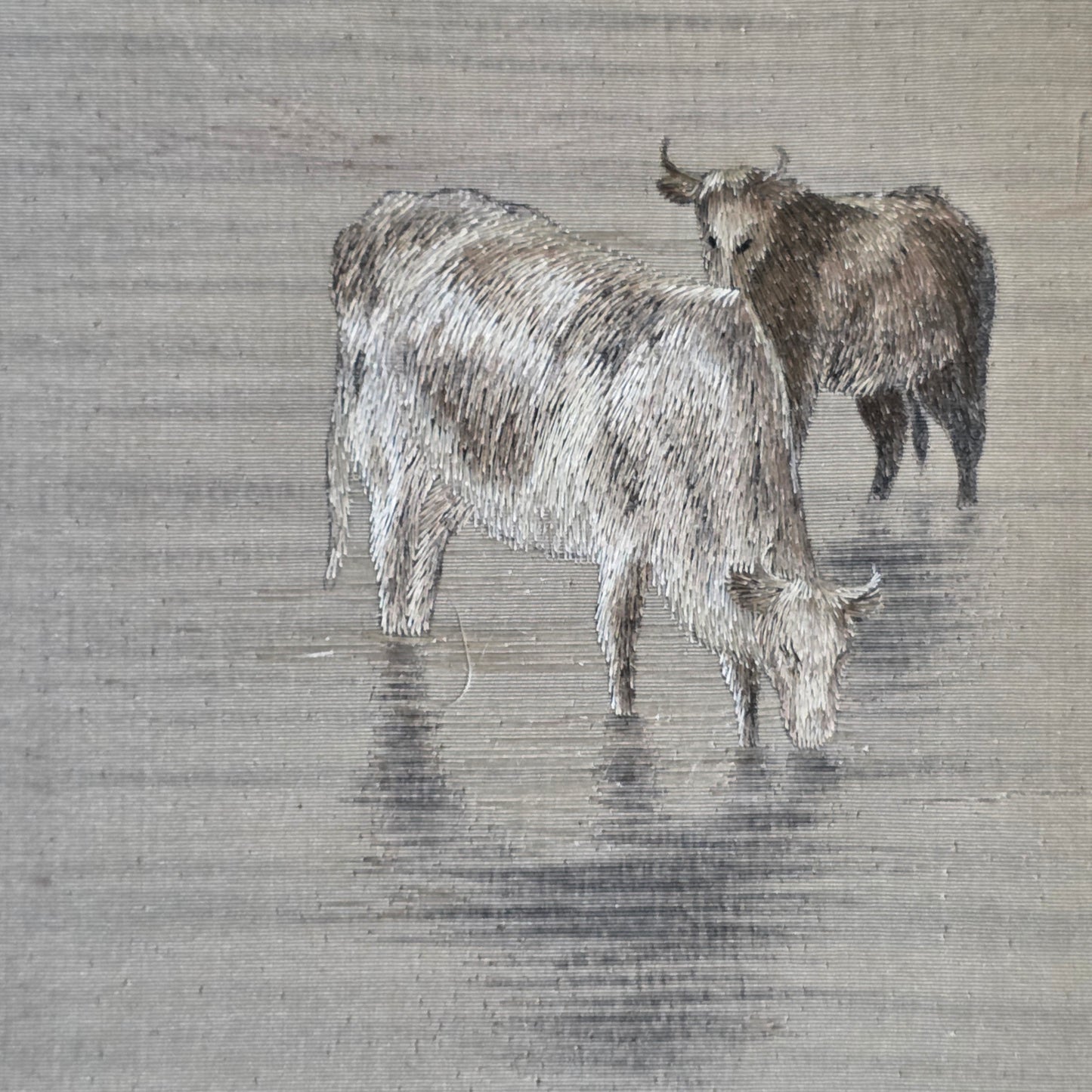 Fine Rare Chinese Silk Embroidered Cattle Scene, Framed C1890