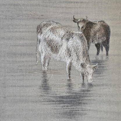 Fine Rare Chinese Silk Embroidered Cattle Scene, Framed C1890