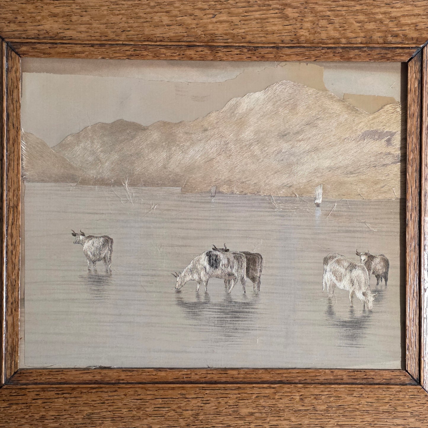 Fine Rare Chinese Silk Embroidered Cattle Scene, Framed C1890