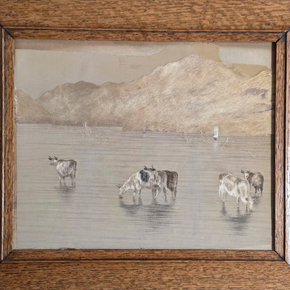 Fine Rare Chinese Silk Embroidered Cattle Scene, Framed C1890