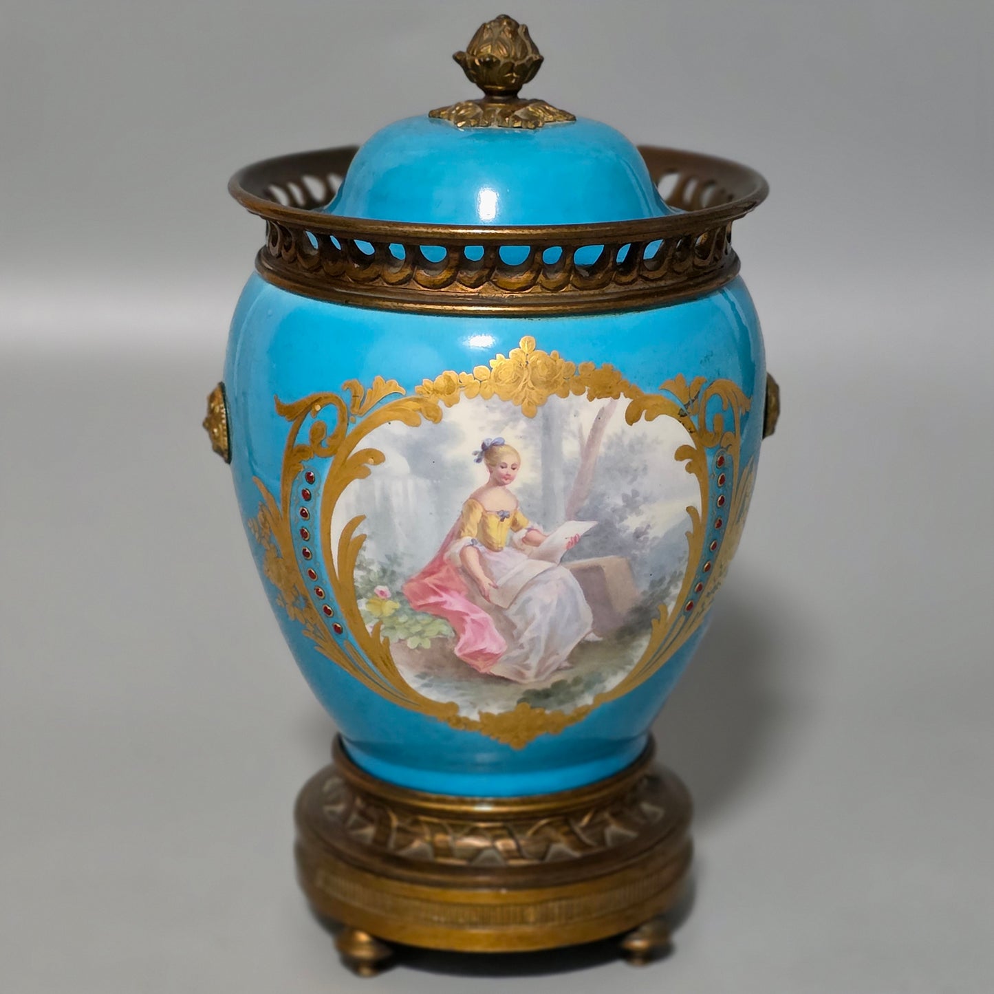 Exquisite 19thc Gilt Bronze Mounted Painted Sevres Vase 21,5cm