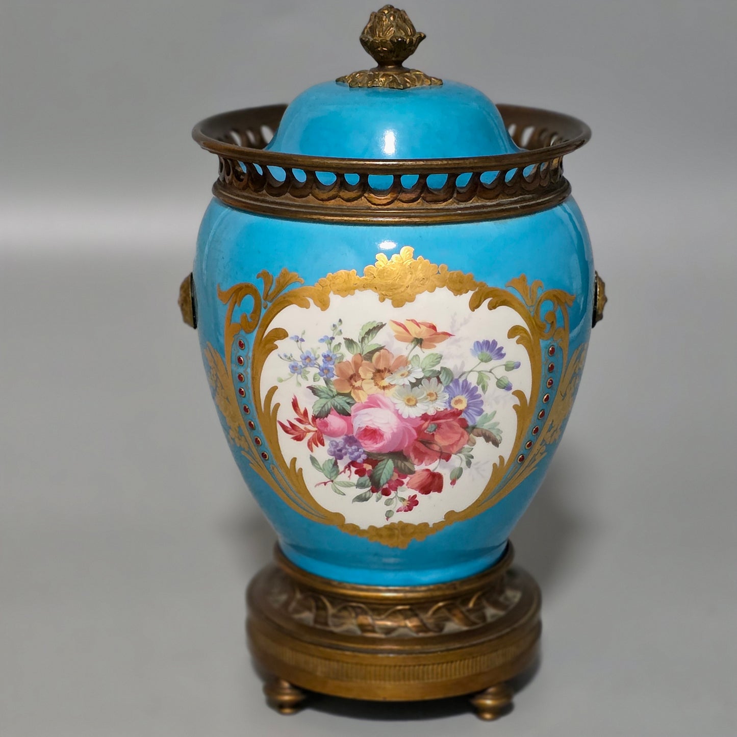 Exquisite 19thc Gilt Bronze Mounted Painted Sevres Vase 21,5cm