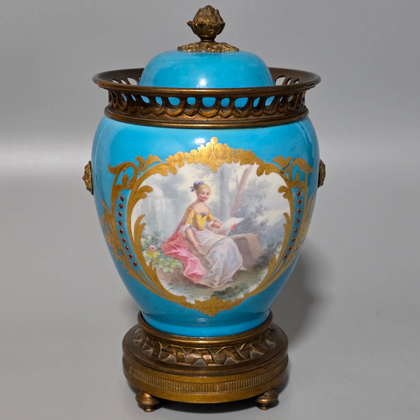 Exquisite 19thc Gilt Bronze Mounted Painted Sevres Vase 21,5cm