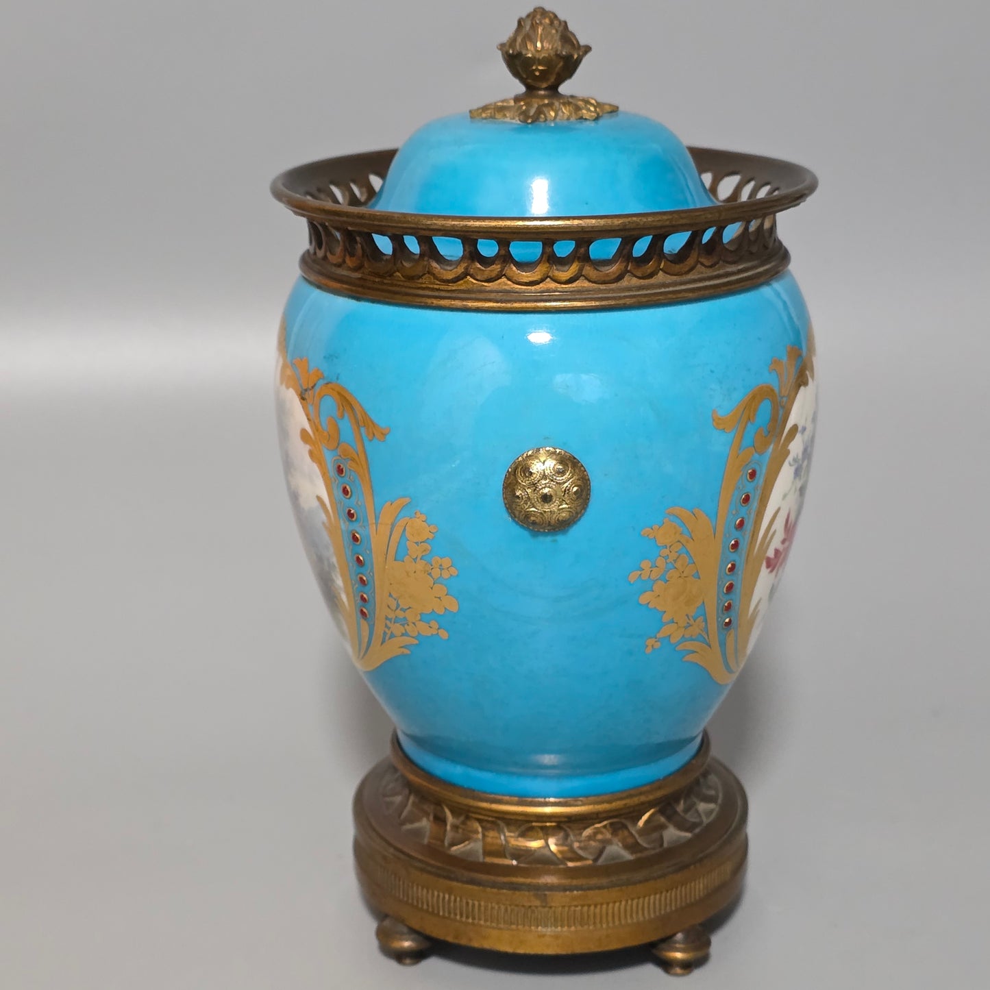 Exquisite 19thc Gilt Bronze Mounted Painted Sevres Vase 21,5cm