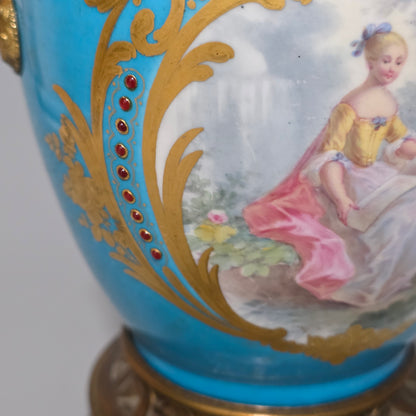 Exquisite 19thc Gilt Bronze Mounted Painted Sevres Vase 21,5cm