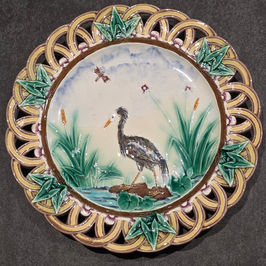 Wedgwood Majolica Heron Plate - Joseph Théodore Deck – England, 1871