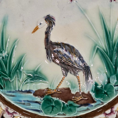 Wedgwood Majolica Heron Plate - Joseph Théodore Deck – England, 1871
