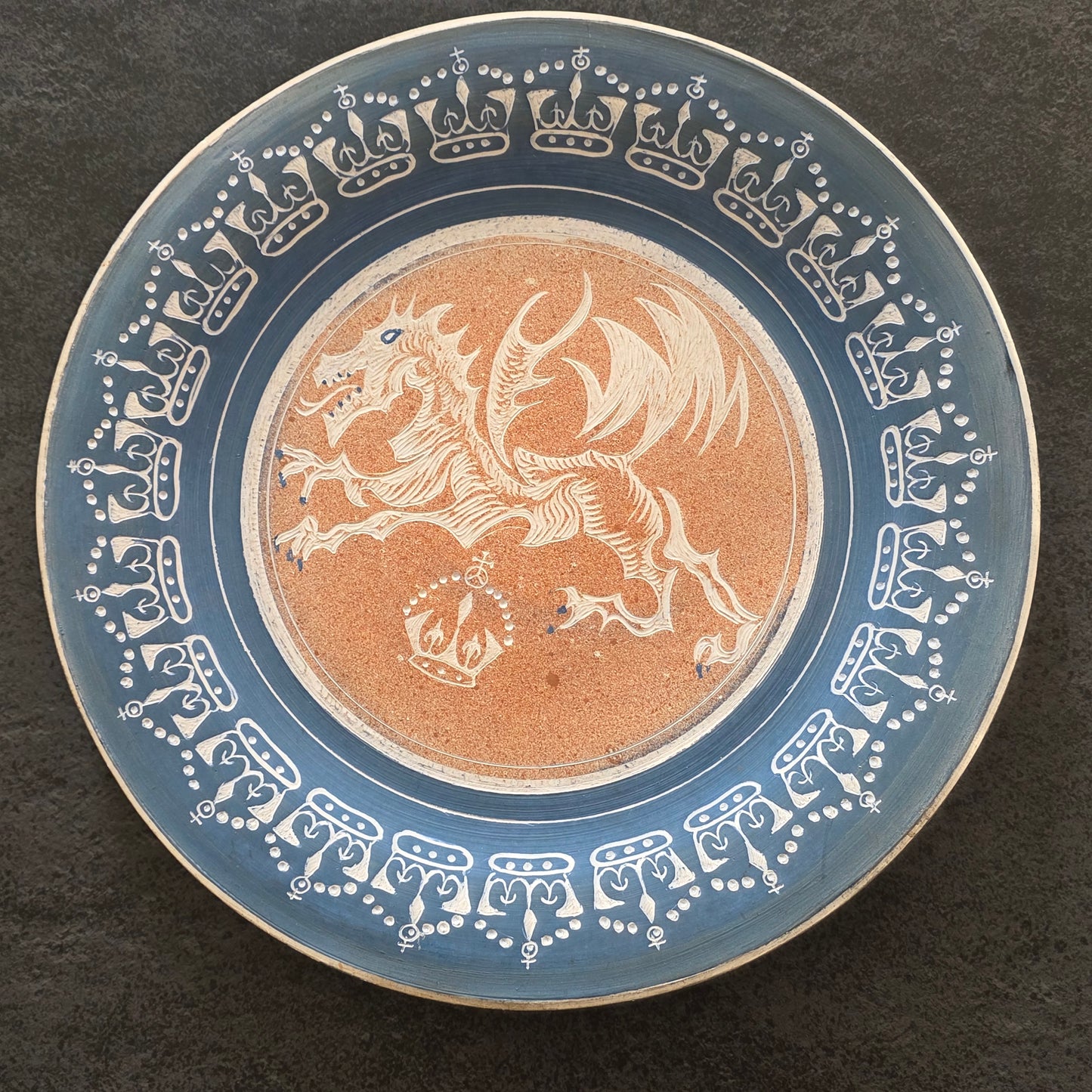 Unusual Arts & Crafts Unglazed Charger Dragon & Crown - Signed C1909