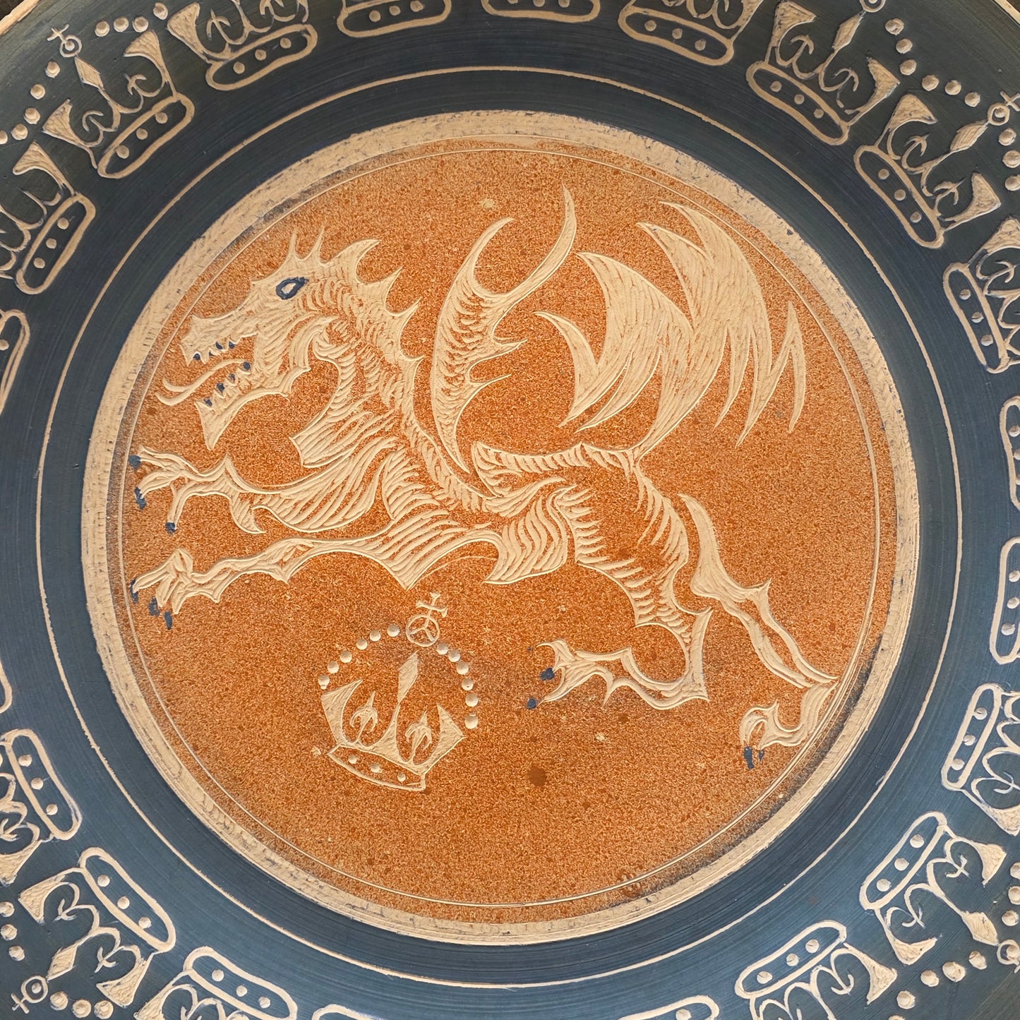 Unusual Arts & Crafts Unglazed Charger Dragon & Crown - Signed C1909
