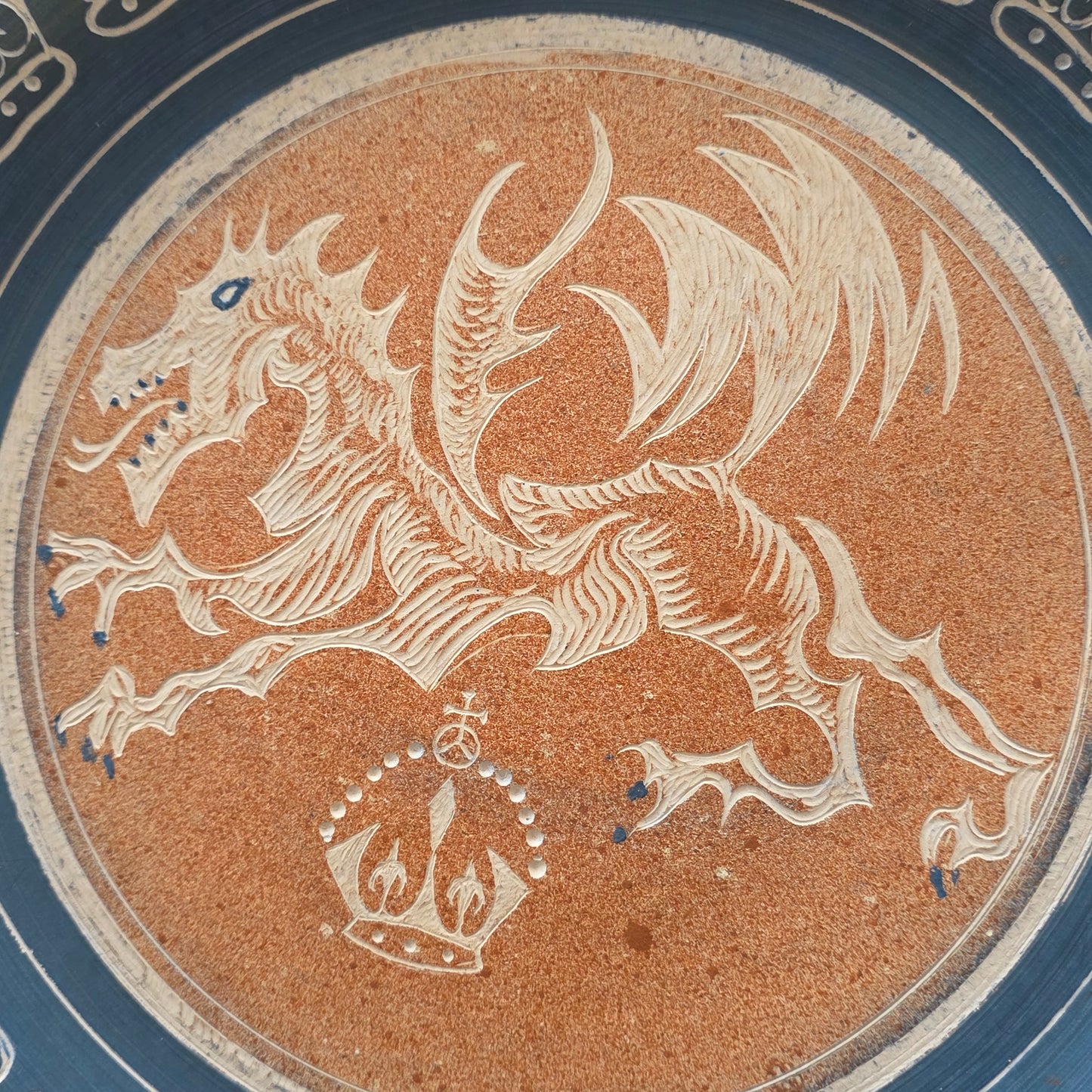 Unusual Arts & Crafts Unglazed Charger Dragon & Crown - Signed C1909