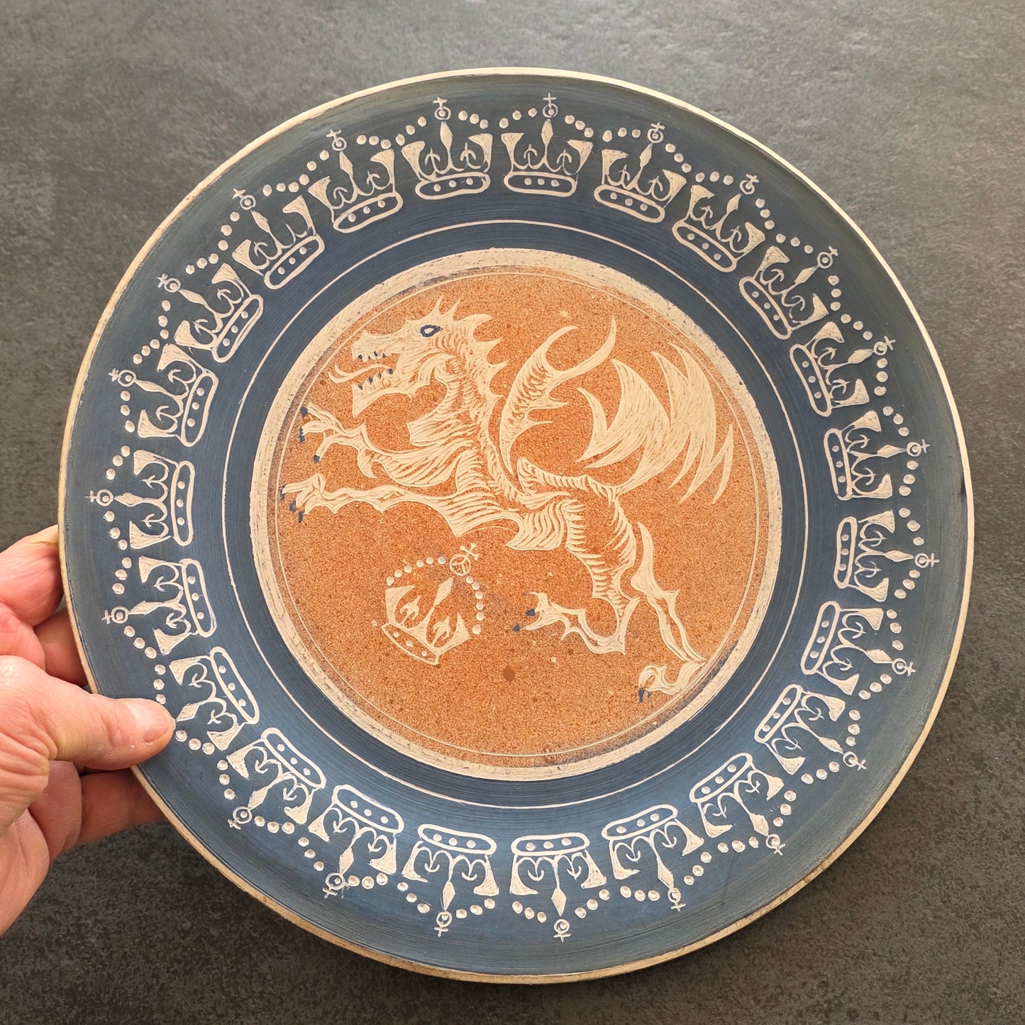 Unusual Arts & Crafts Unglazed Charger Dragon & Crown - Signed C1909