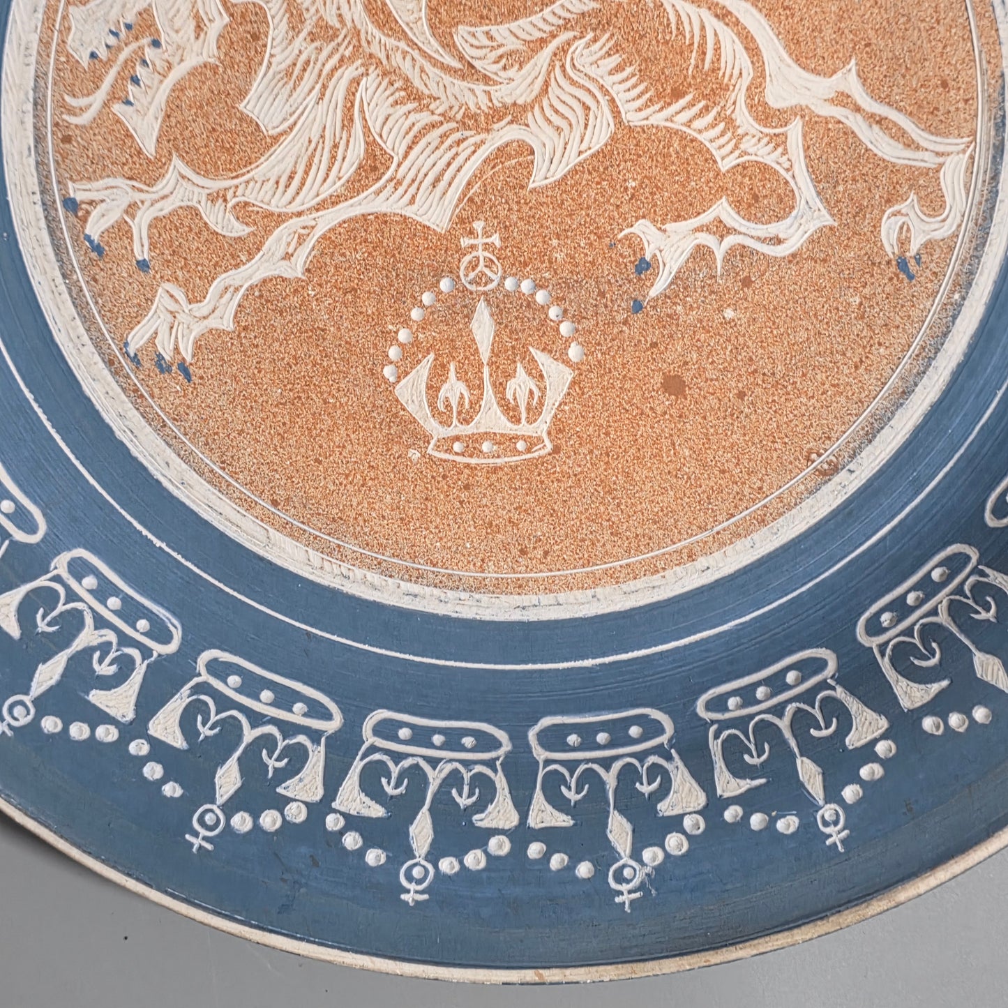 Unusual Arts & Crafts Unglazed Charger Dragon & Crown - Signed C1909