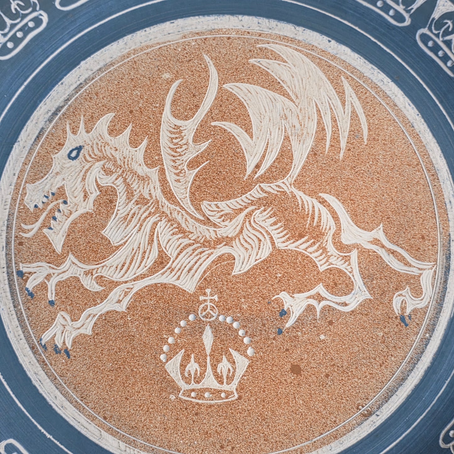 Unusual Arts & Crafts Unglazed Charger Dragon & Crown - Signed C1909