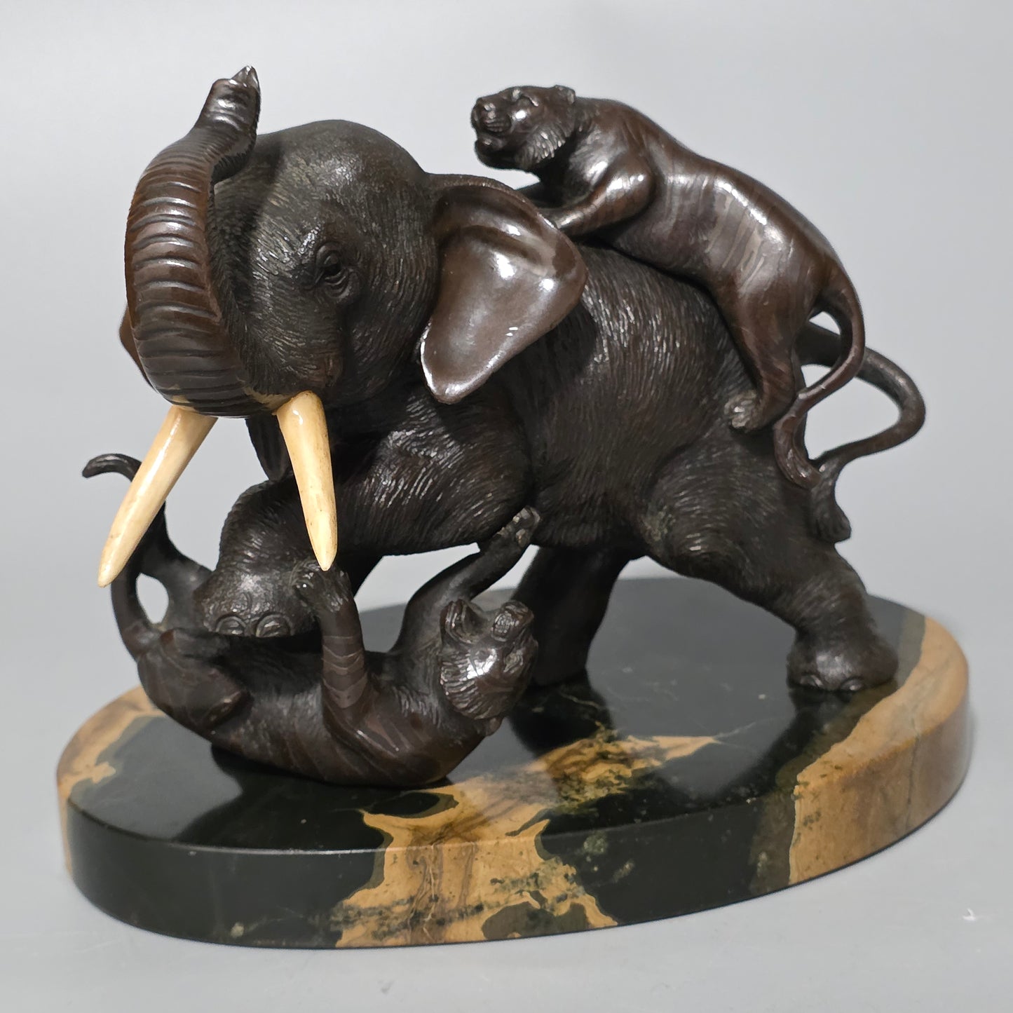 Antique Japanese Bronze Okimono Elephant Fighting Two Tigers, Bone Tusks, Genryusai Seiya Sasku Meiji Showa