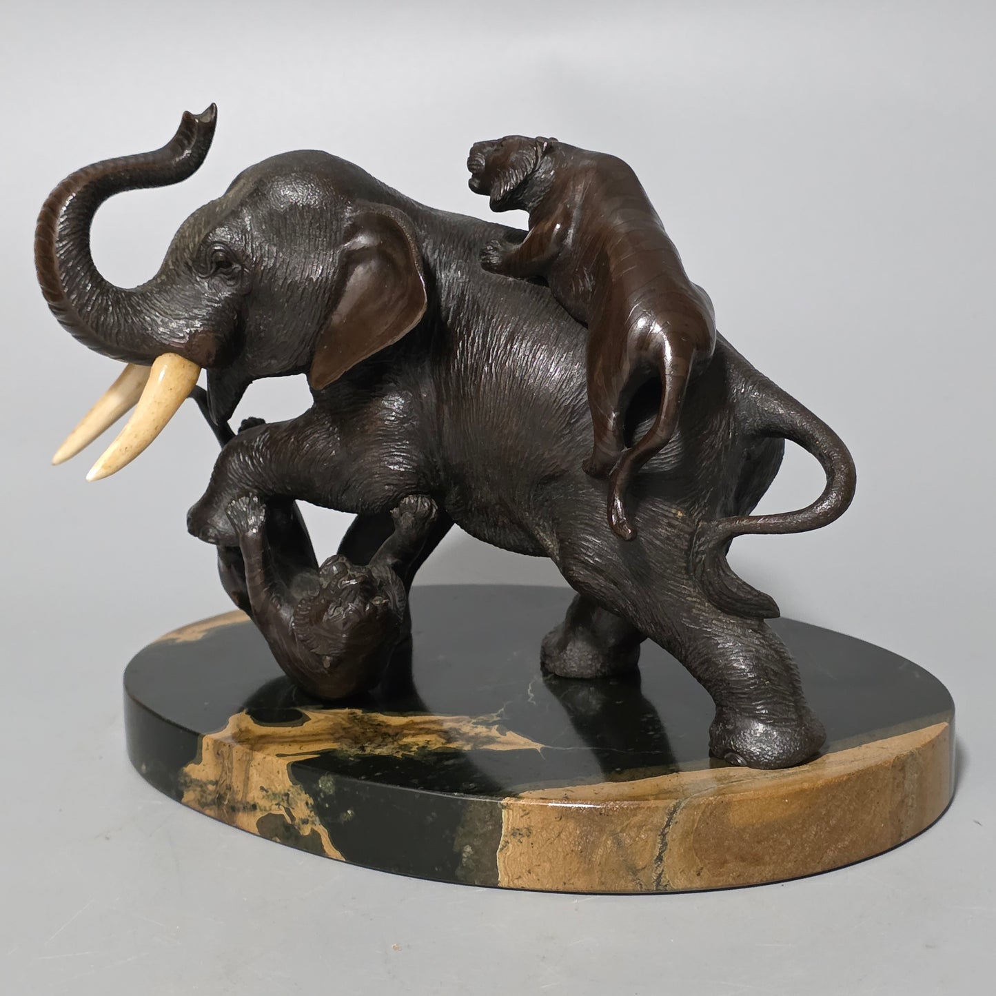 Antique Japanese Bronze Okimono Elephant Fighting Two Tigers, Bone Tusks, Genryusai Seiya Sasku Meiji Showa