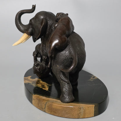 Antique Japanese Bronze Okimono Elephant Fighting Two Tigers, Bone Tusks, Genryusai Seiya Sasku Meiji Showa