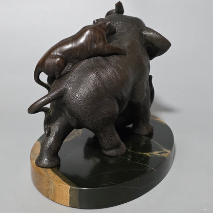 Antique Japanese Bronze Okimono Elephant Fighting Two Tigers, Bone Tusks, Genryusai Seiya Sasku Meiji Showa