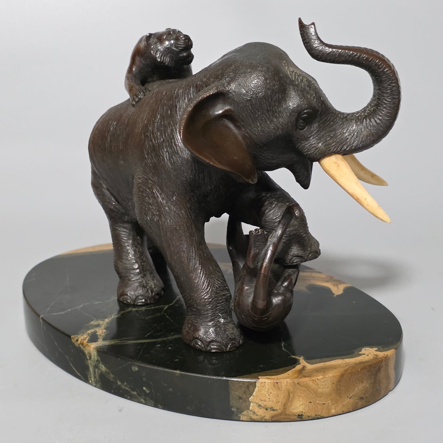 Antique Japanese Bronze Okimono Elephant Fighting Two Tigers, Bone Tusks, Genryusai Seiya Sasku Meiji Showa