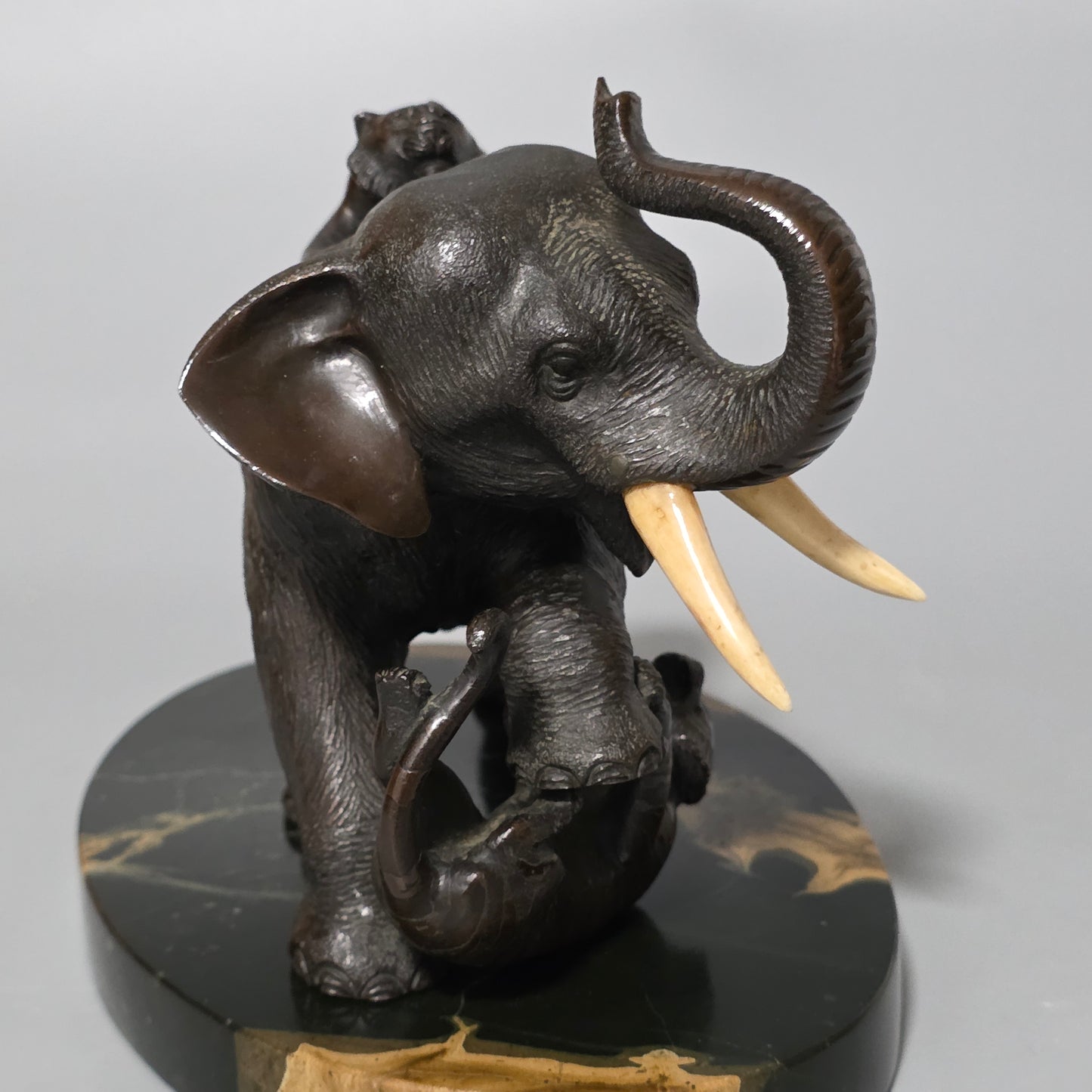 Antique Japanese Bronze Okimono Elephant Fighting Two Tigers, Bone Tusks, Genryusai Seiya Sasku Meiji Showa