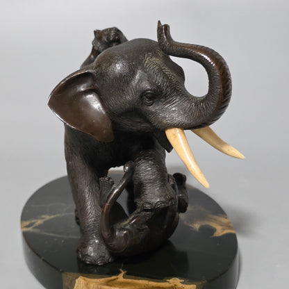 Antique Japanese Bronze Okimono Elephant Fighting Two Tigers, Bone Tusks, Genryusai Seiya Sasku Meiji Showa