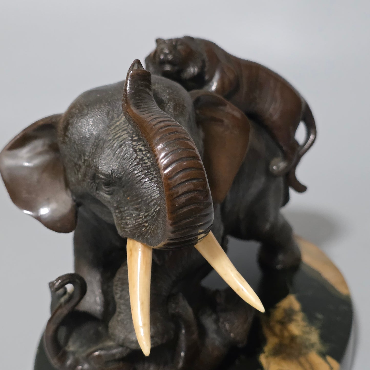 Antique Japanese Bronze Okimono Elephant Fighting Two Tigers, Bone Tusks, Genryusai Seiya Sasku Meiji Showa