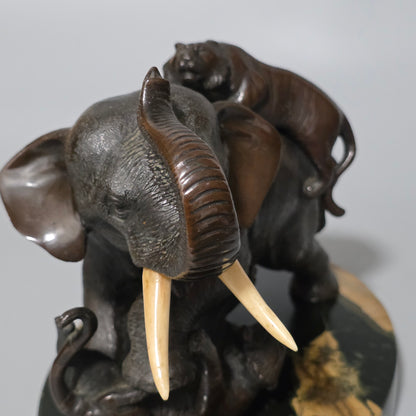 Antique Japanese Bronze Okimono Elephant Fighting Two Tigers, Bone Tusks, Genryusai Seiya Sasku Meiji Showa