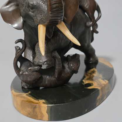 Antique Japanese Bronze Okimono Elephant Fighting Two Tigers, Bone Tusks, Genryusai Seiya Sasku Meiji Showa