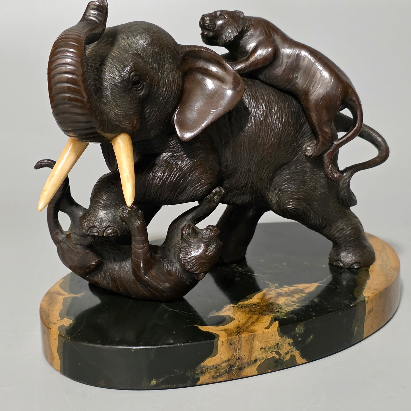 Antique Japanese Bronze Okimono Elephant Fighting Two Tigers, Bone Tusks, Genryusai Seiya Sasku Meiji Showa