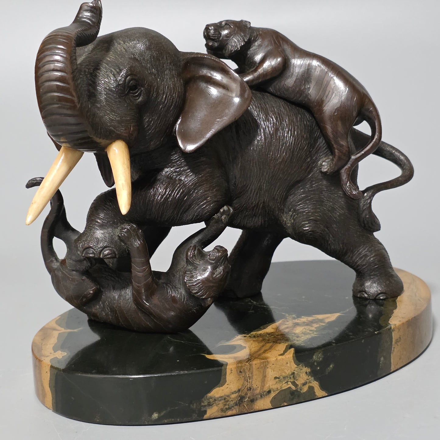 Antique Japanese Bronze Okimono Elephant Fighting Two Tigers, Bone Tusks, Genryusai Seiya Sasku Meiji Showa