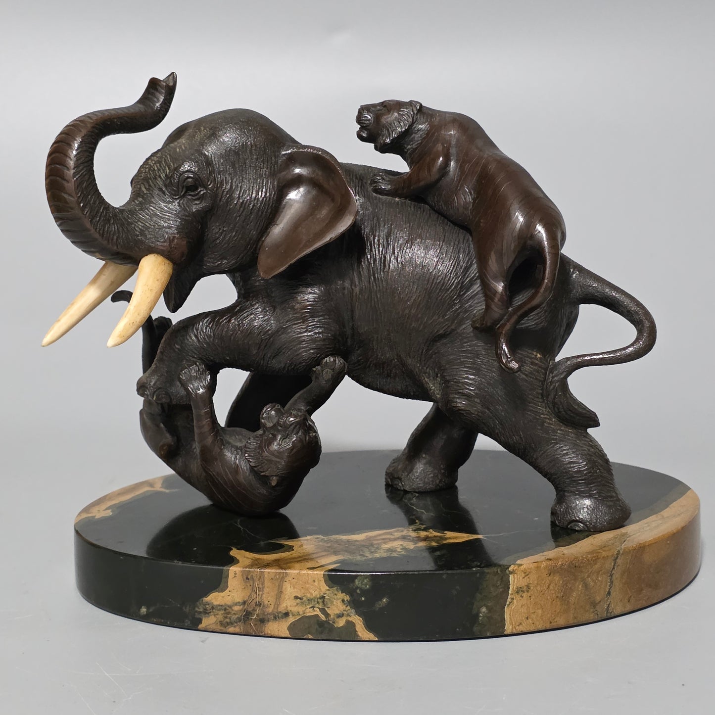 Antique Japanese Bronze Okimono Elephant Fighting Two Tigers, Bone Tusks, Genryusai Seiya Sasku Meiji Showa