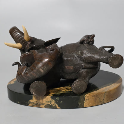 Antique Japanese Bronze Okimono Elephant Fighting Two Tigers, Bone Tusks, Genryusai Seiya Sasku Meiji Showa