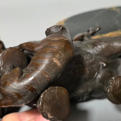 Antique Japanese Bronze Okimono Elephant Fighting Two Tigers, Bone Tusks, Genryusai Seiya Sasku Meiji Showa