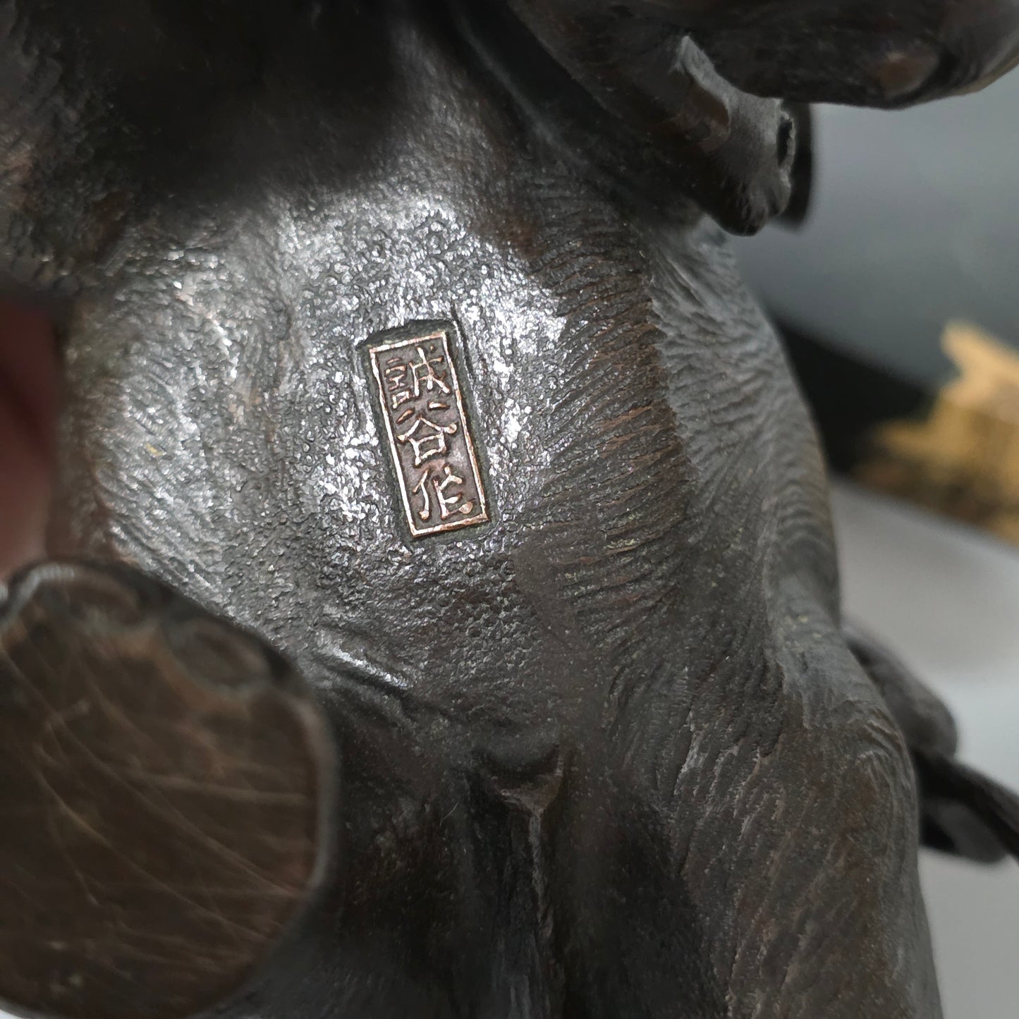 Antique Japanese Bronze Okimono Elephant Fighting Two Tigers, Bone Tusks, Genryusai Seiya Sasku Meiji Showa